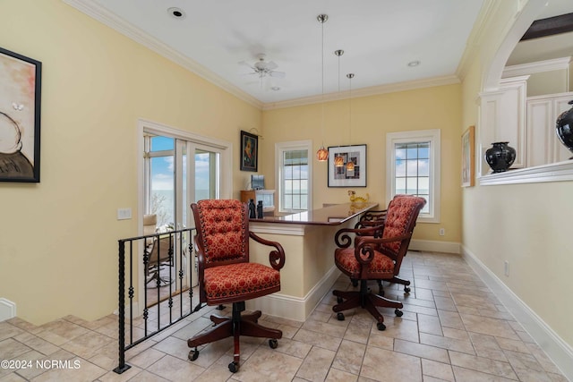 tiled office space featuring crown molding and ceiling fan