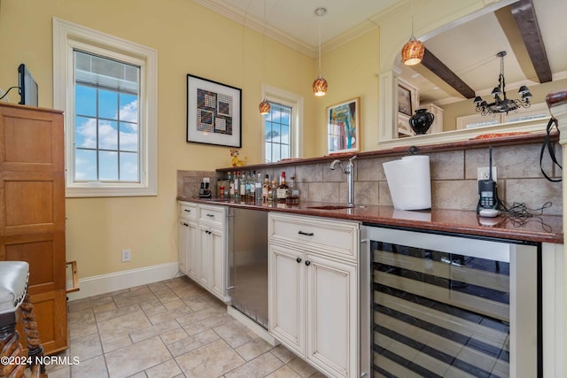 bar featuring beamed ceiling, backsplash, light tile floors, wine cooler, and sink