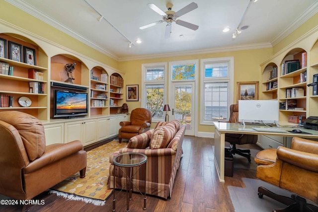 office area featuring ceiling fan, track lighting, ornamental molding, and wood-type flooring