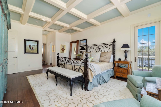 bedroom featuring coffered ceiling, access to exterior, beamed ceiling, and hardwood / wood-style flooring