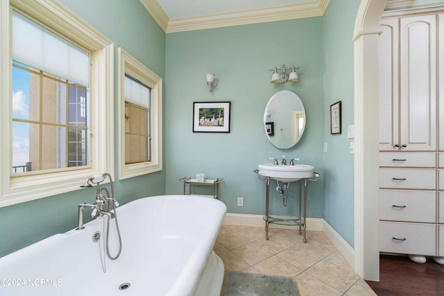 bathroom featuring tile floors, ornamental molding, sink, and a washtub