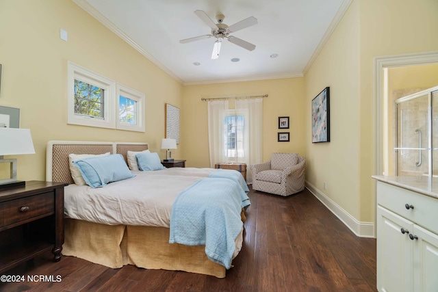 bedroom with ceiling fan, dark wood-type flooring, and ornamental molding