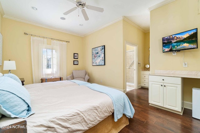 bedroom with crown molding, ensuite bathroom, ceiling fan, and dark wood-type flooring