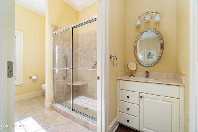 bathroom with toilet, tile flooring, vanity, ornamental molding, and an enclosed shower