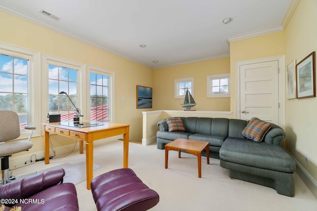 living room with ornamental molding and light carpet