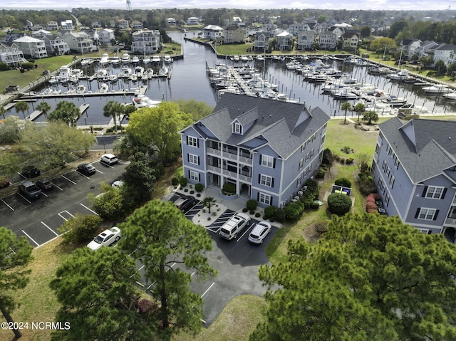 bird's eye view with a water view