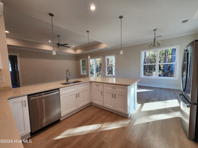 kitchen with sink, a raised ceiling, pendant lighting, white cabinets, and appliances with stainless steel finishes