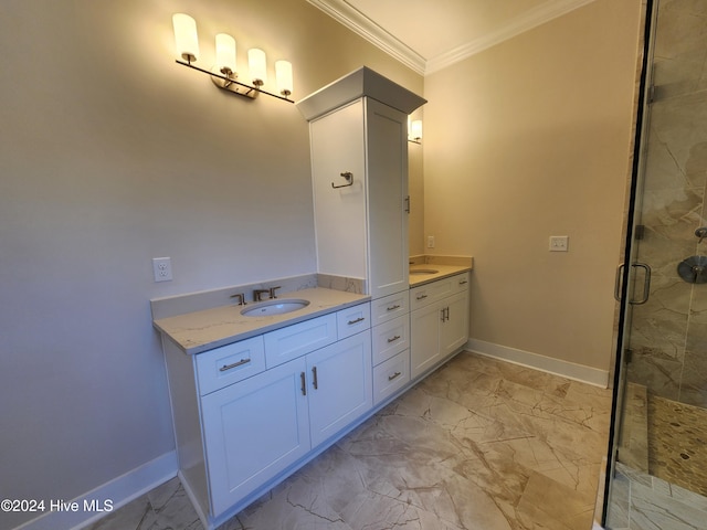 bathroom featuring vanity, a shower with shower door, and crown molding