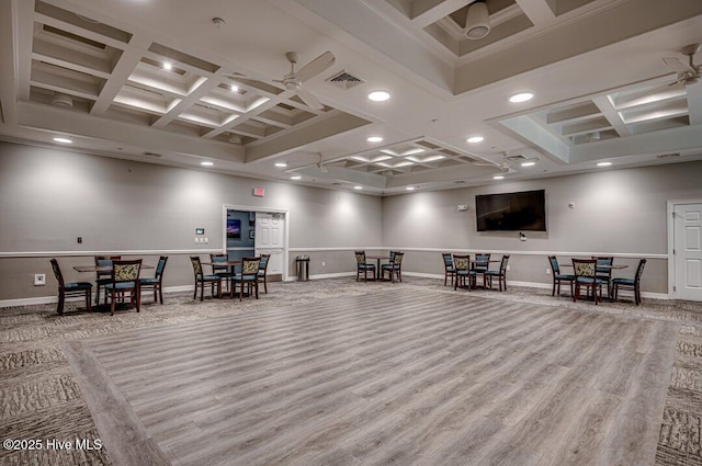 misc room featuring beam ceiling, a towering ceiling, ceiling fan, and coffered ceiling