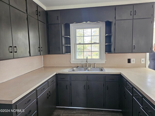 kitchen with sink, gray cabinetry, and crown molding