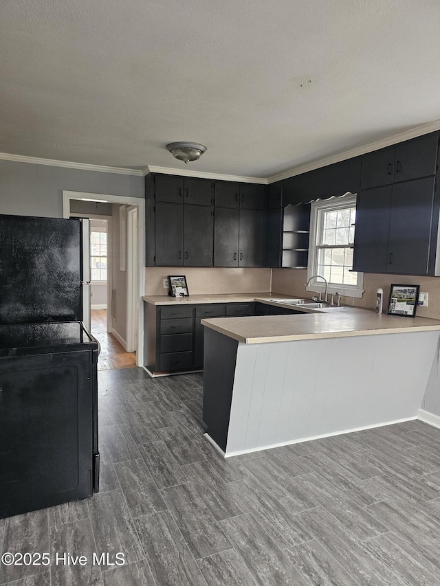 kitchen with plenty of natural light, sink, kitchen peninsula, and stainless steel fridge