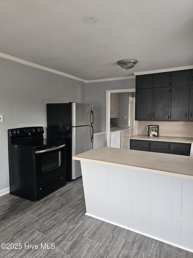 kitchen with ornamental molding, dark wood-type flooring, and black electric range oven