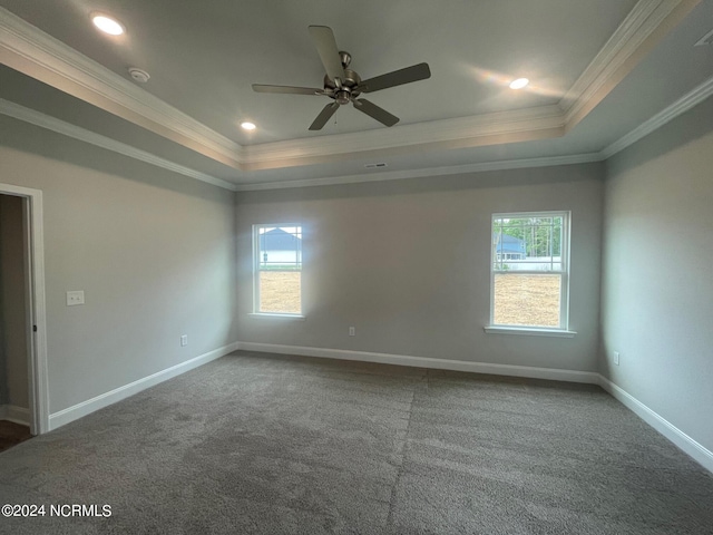 carpeted spare room featuring ceiling fan, a raised ceiling, a healthy amount of sunlight, and crown molding