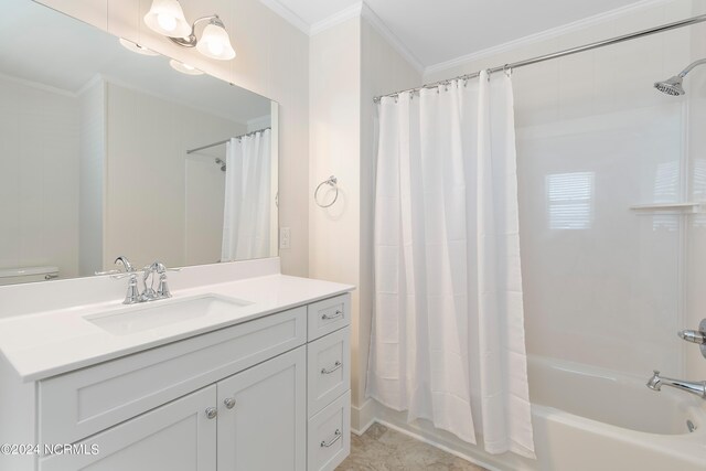 full bathroom with shower / bathtub combination with curtain, toilet, ornamental molding, and vanity