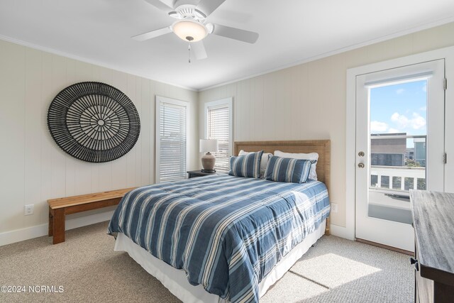 bedroom with ceiling fan, crown molding, and light carpet