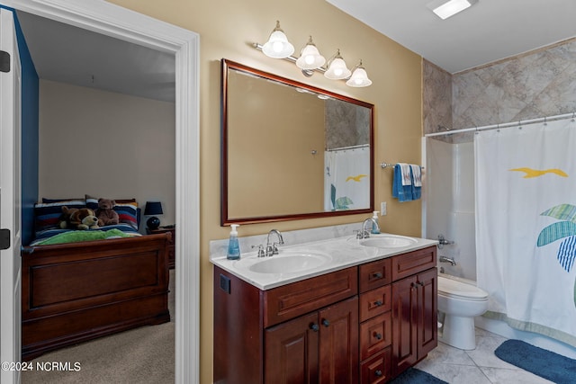 full bathroom featuring shower / bath combo, tile patterned flooring, vanity, and toilet