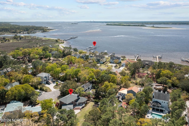 drone / aerial view featuring a water view