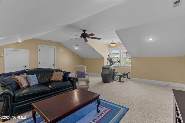 carpeted living room featuring lofted ceiling and ceiling fan