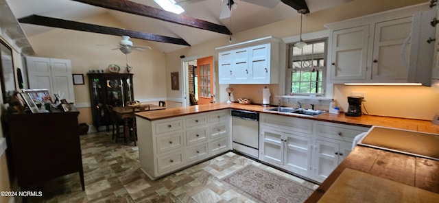 kitchen featuring kitchen peninsula, ceiling fan, dishwasher, and white cabinets