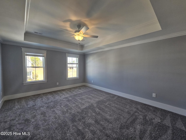 spare room with a raised ceiling, crown molding, and carpet flooring