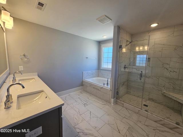 bathroom with plus walk in shower and vanity