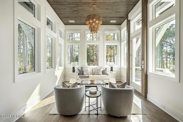 sunroom with wood ceiling