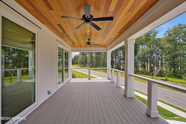 deck with ceiling fan and covered porch