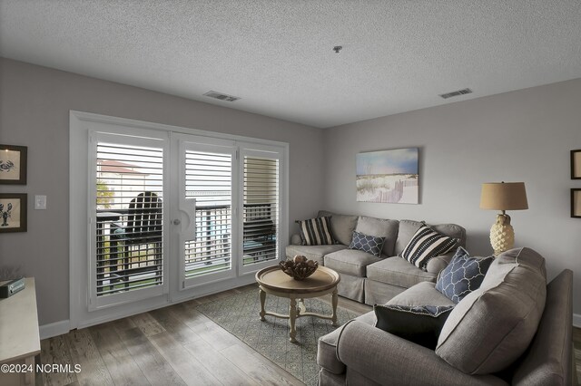 living room featuring wood-type flooring and a textured ceiling