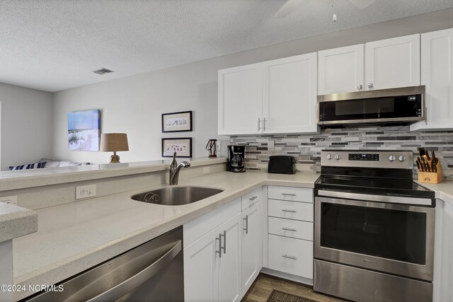 kitchen with white cabinetry, sink, decorative backsplash, and stainless steel appliances