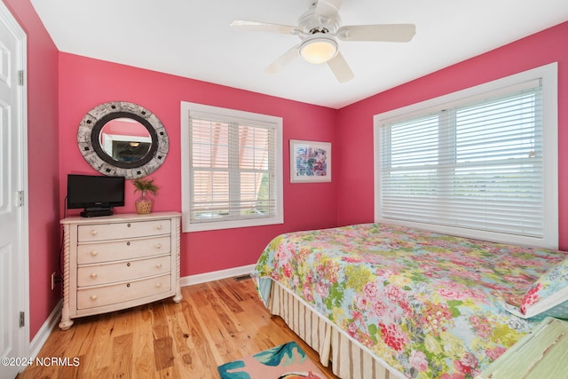 bedroom with ceiling fan and light wood-type flooring