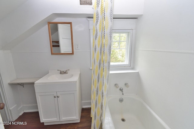 bathroom featuring hardwood / wood-style flooring and large vanity