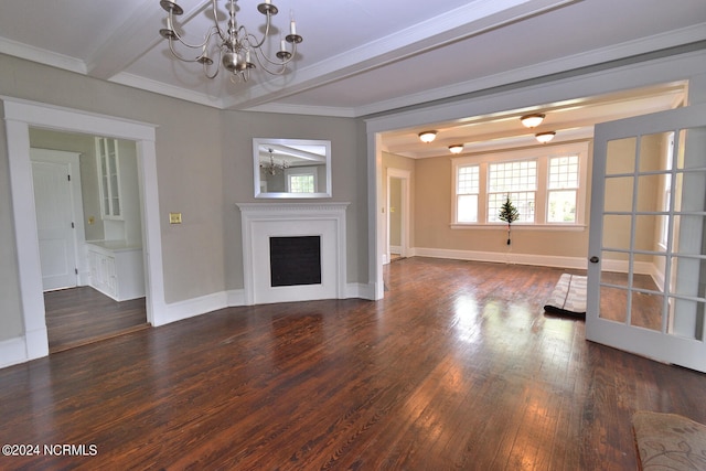 unfurnished living room featuring ornamental molding, beam ceiling, dark hardwood / wood-style floors, and a chandelier