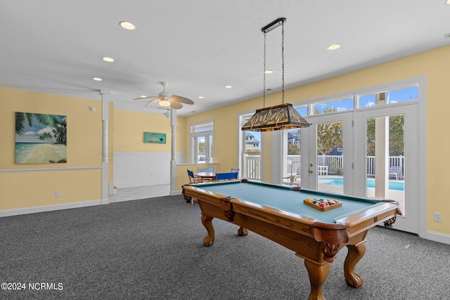 recreation room with ceiling fan, light colored carpet, pool table, and french doors