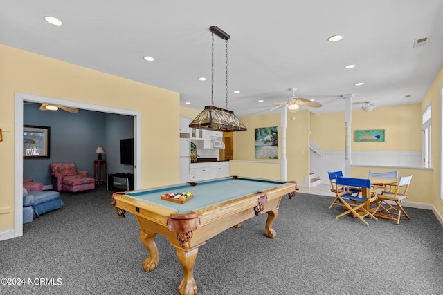 rec room with ceiling fan, dark colored carpet, and billiards