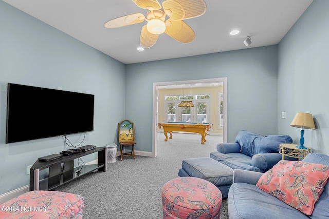 carpeted living room with billiards and ceiling fan