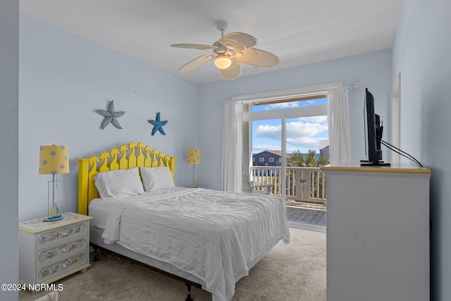 carpeted bedroom with ceiling fan and access to outside