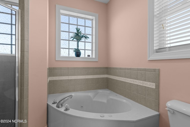 bathroom featuring a tub, toilet, and a healthy amount of sunlight