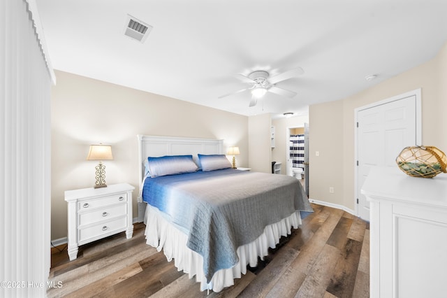 bedroom featuring ceiling fan and dark hardwood / wood-style flooring