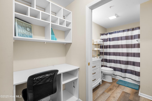 bathroom with wood-type flooring, vanity, and toilet