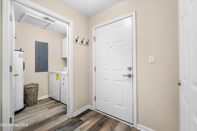 entryway with separate washer and dryer, water heater, electric panel, and dark wood-type flooring