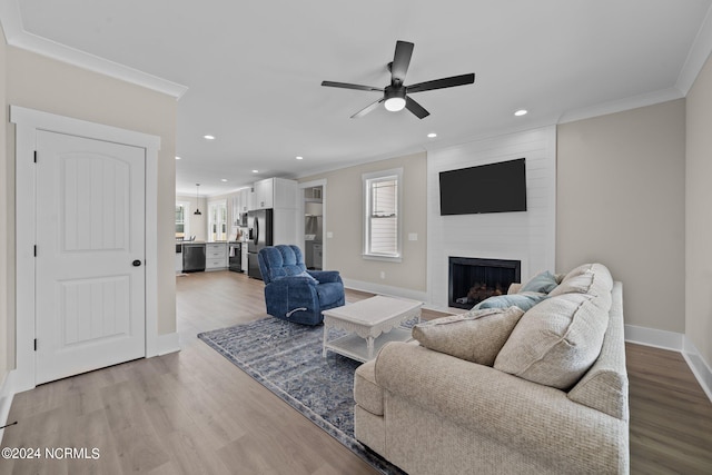 living room featuring a large fireplace, light hardwood / wood-style flooring, ceiling fan, and crown molding