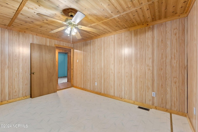 interior space with wood ceiling, ceiling fan, and light tile floors