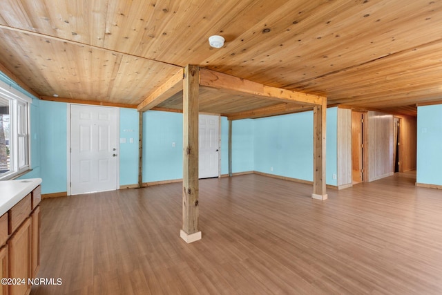 interior space featuring hardwood / wood-style floors and wooden ceiling