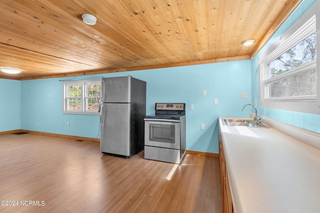 kitchen with wood ceiling, appliances with stainless steel finishes, sink, and light wood-type flooring