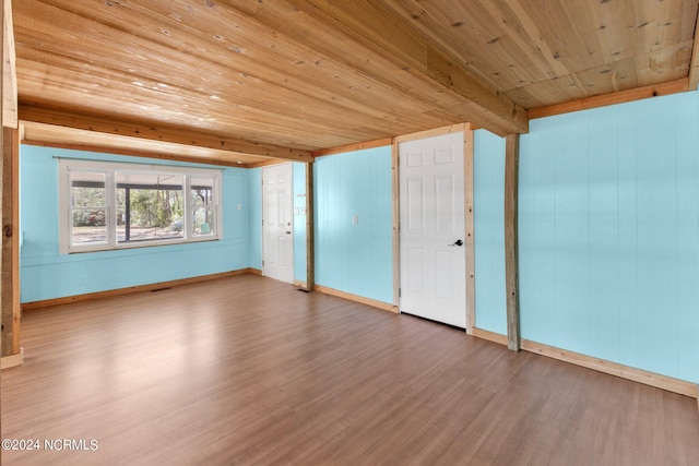 empty room featuring hardwood / wood-style floors, wooden ceiling, and beam ceiling