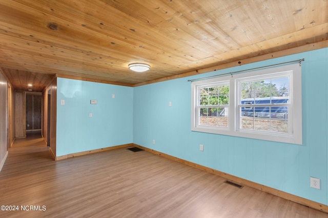 unfurnished room featuring wooden ceiling and light hardwood / wood-style flooring