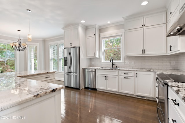 kitchen with sink, white cabinetry, decorative light fixtures, and stainless steel appliances