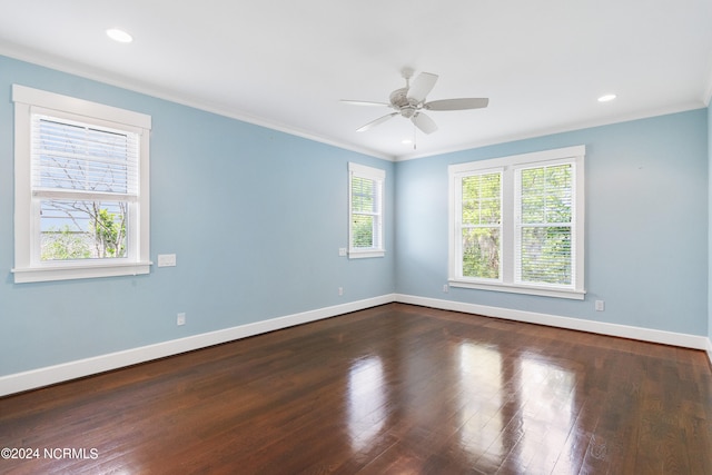 unfurnished room featuring ceiling fan, ornamental molding, and hardwood / wood-style floors