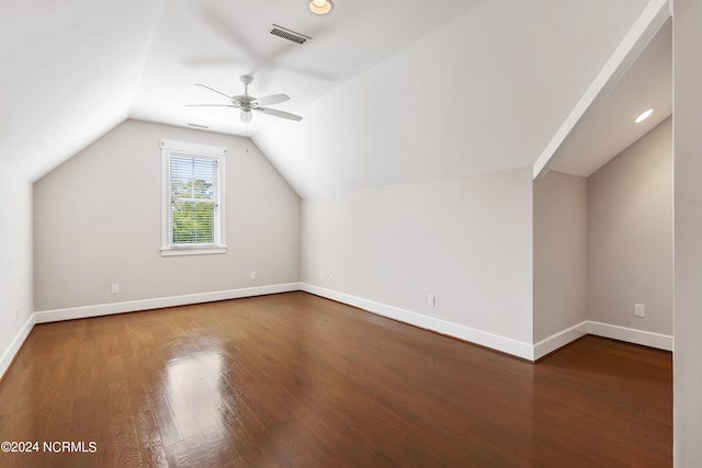 bonus room featuring hardwood / wood-style flooring, ceiling fan, and vaulted ceiling