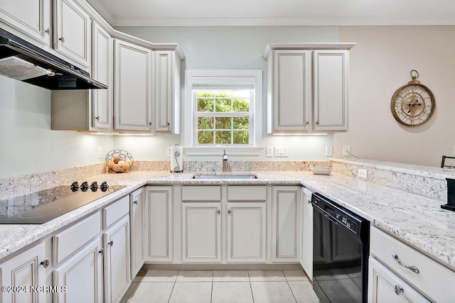 kitchen with sink, crown molding, light tile floors, and black appliances